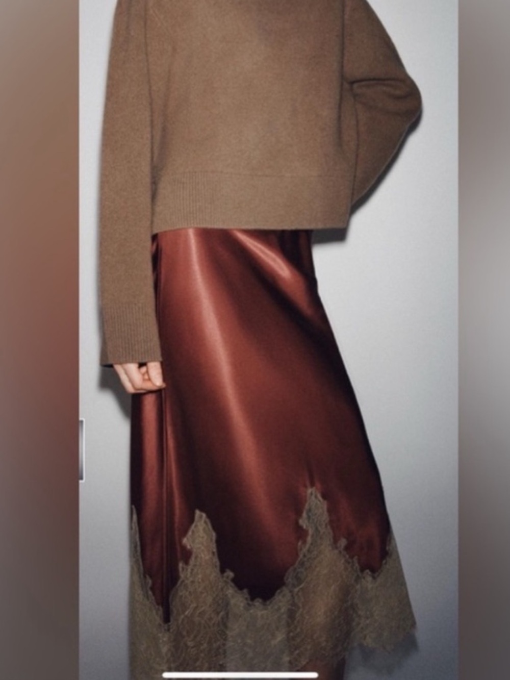 Auburn Satin Slip Skirt with Lace Hem